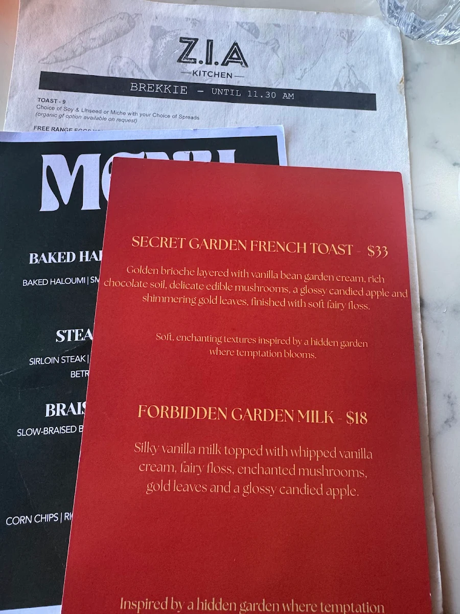 Menu, Zia Kitchen