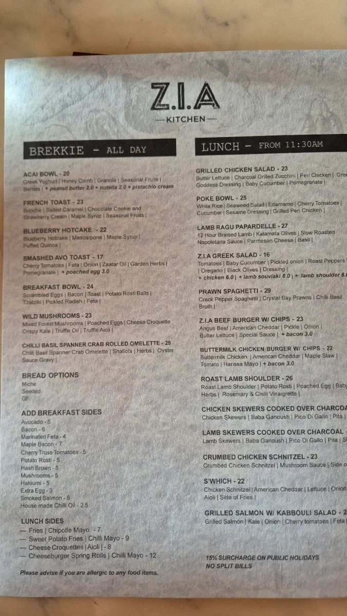 Menu, Zia Kitchen