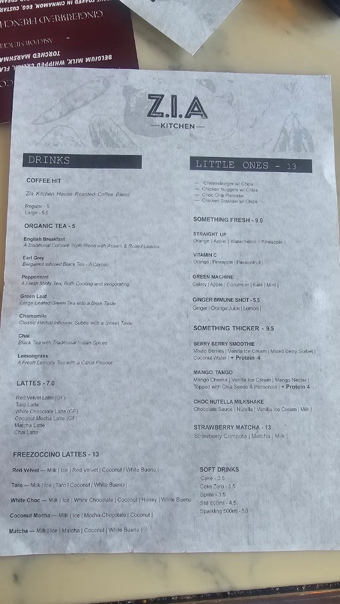 Menu, Zia Kitchen