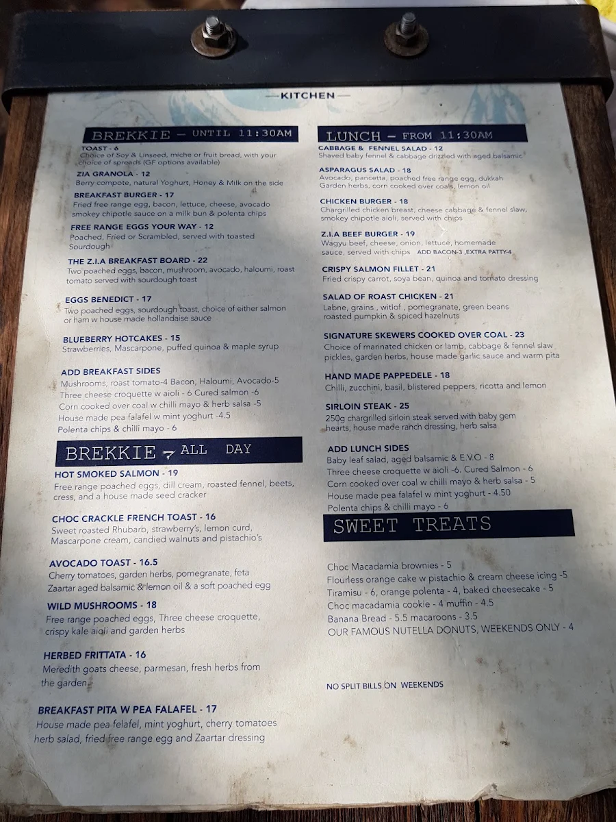 Menu, Zia Kitchen