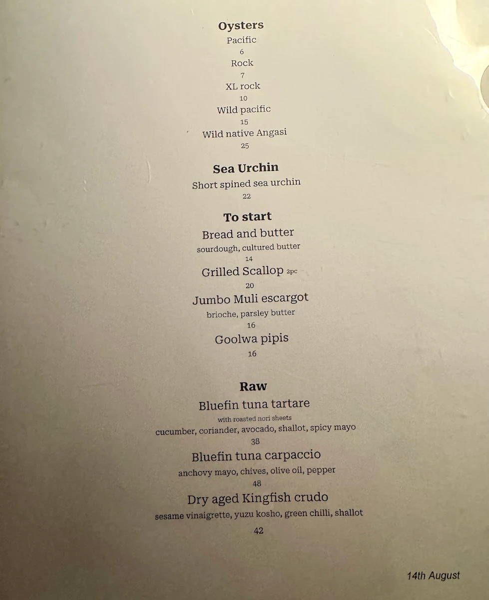 Menu, Muli Melbourne