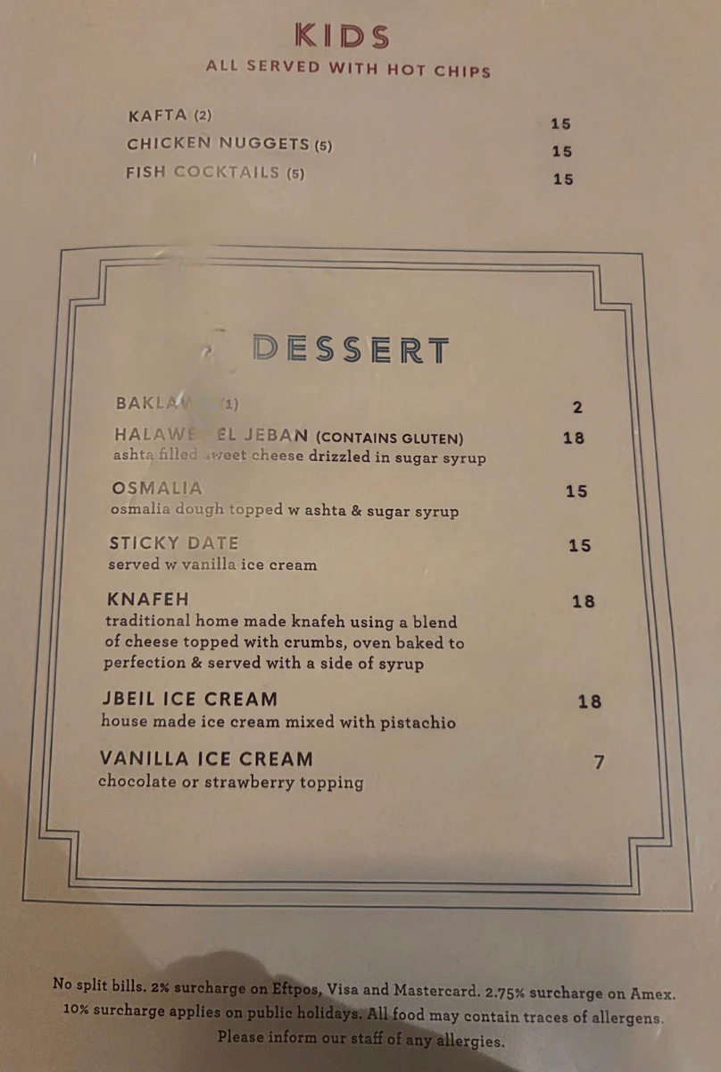 Menu, Jbeil Cuisine Enfield