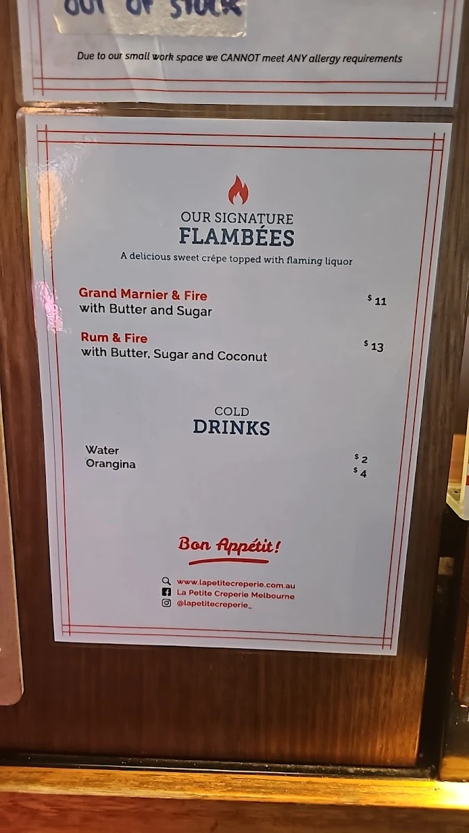 Menu, La Petite Crêperie