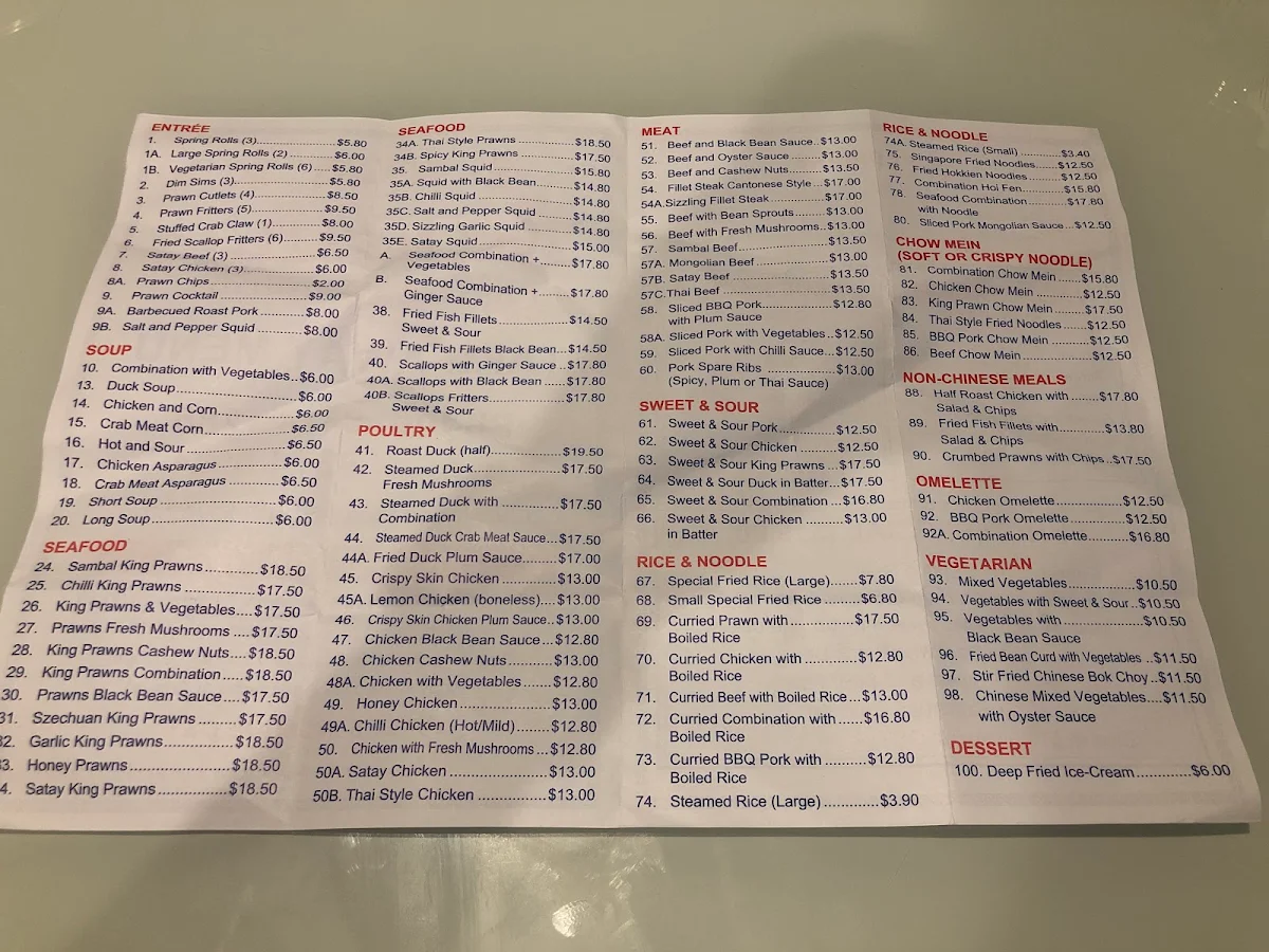 Menu, Ginling Chinese Restaurant