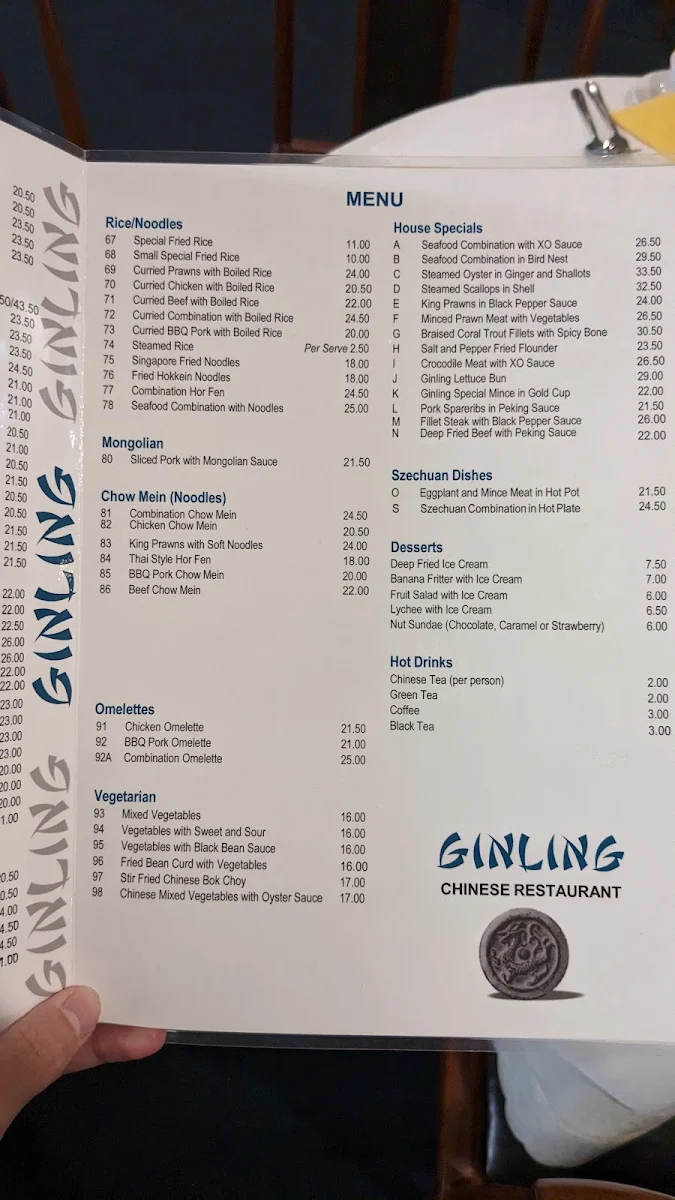 Menu, Ginling Chinese Restaurant