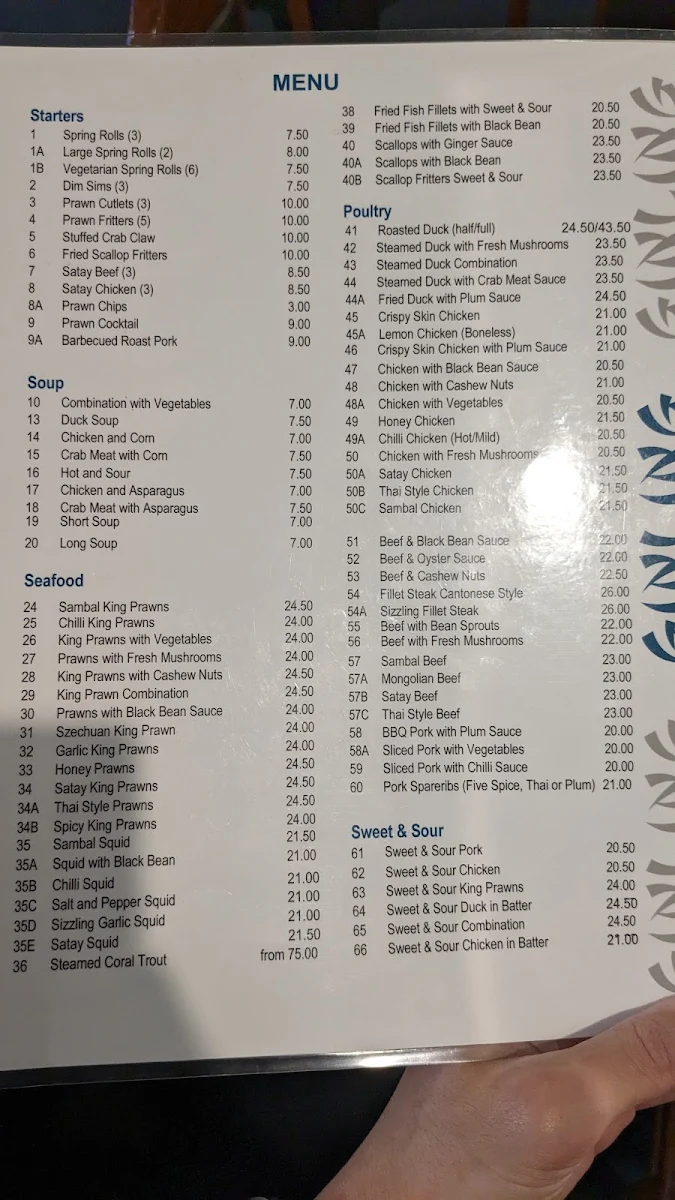 Menu, Ginling Chinese Restaurant
