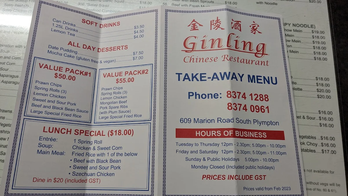Menu, Ginling Chinese Restaurant