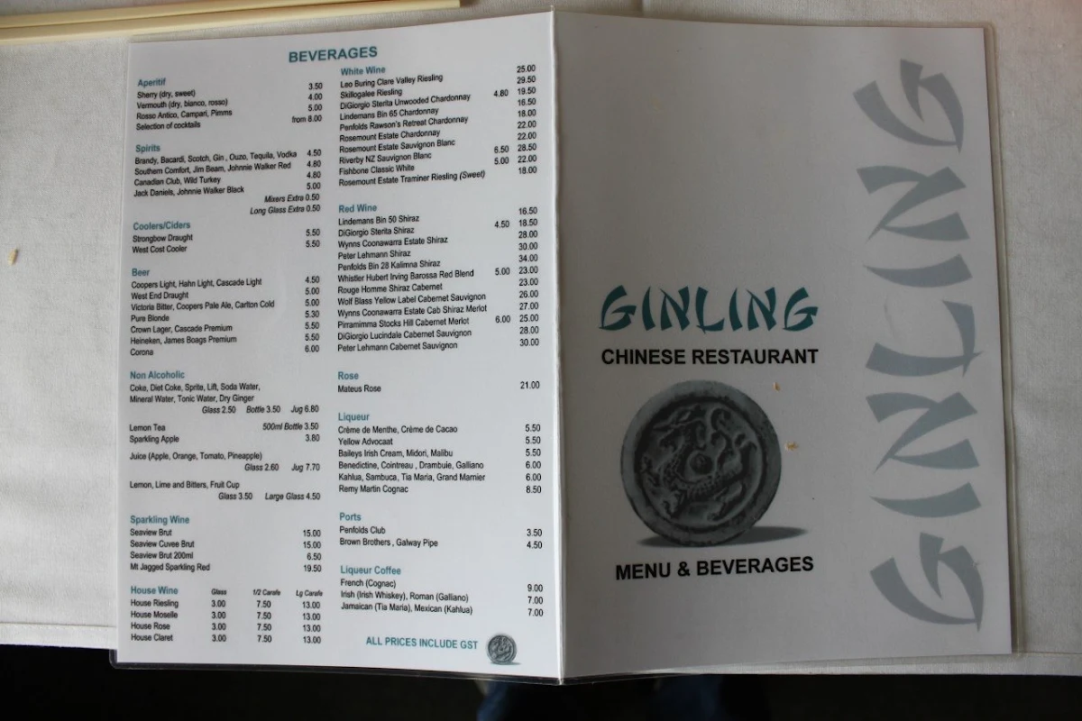 Menu, Ginling Chinese Restaurant