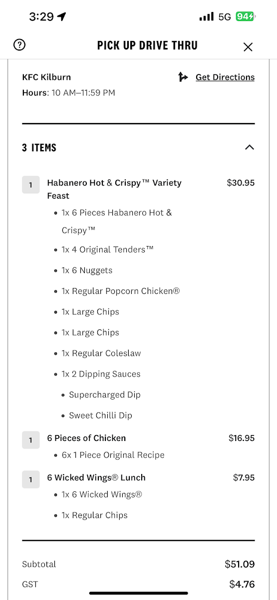 Menu, KFC Kilburn