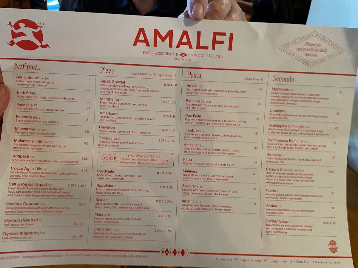 Menu, Amalfi Pizzeria Ristorante