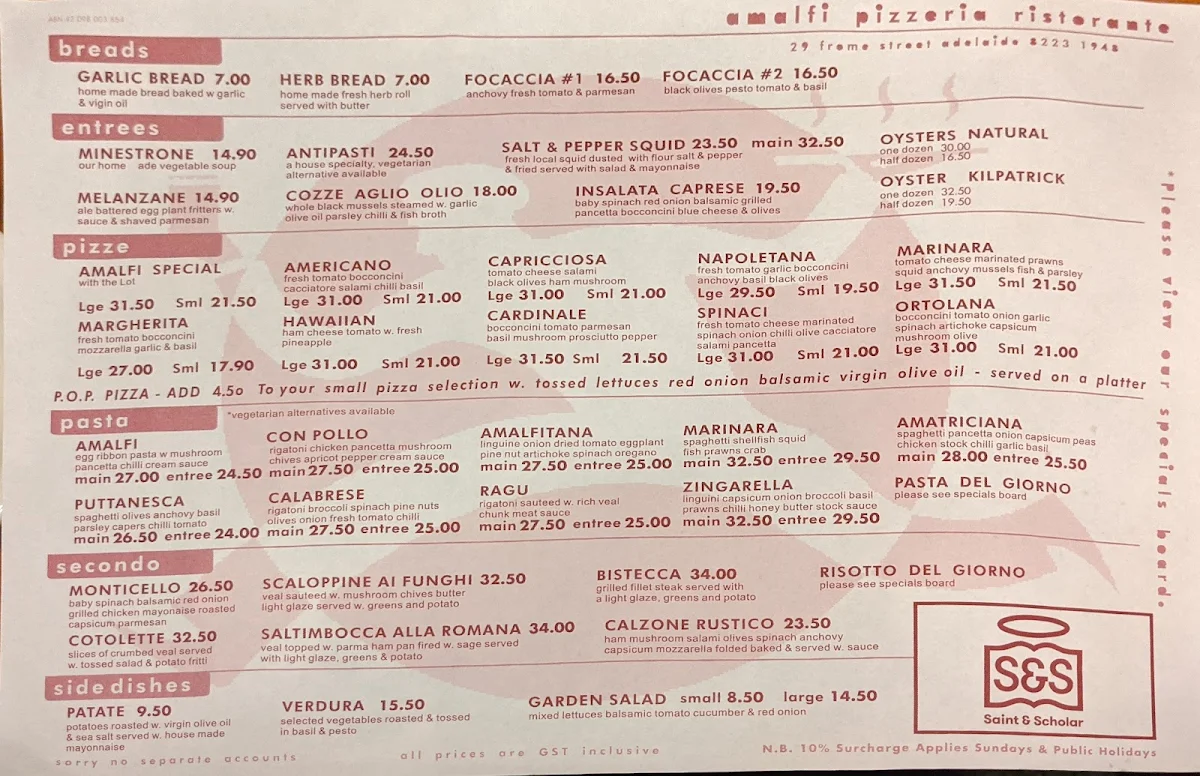Menu, Amalfi Pizzeria Ristorante