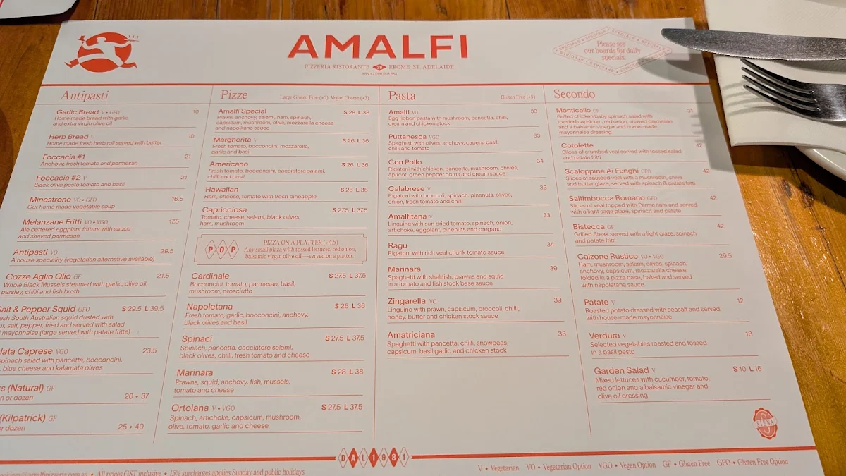 Menu, Amalfi Pizzeria Ristorante
