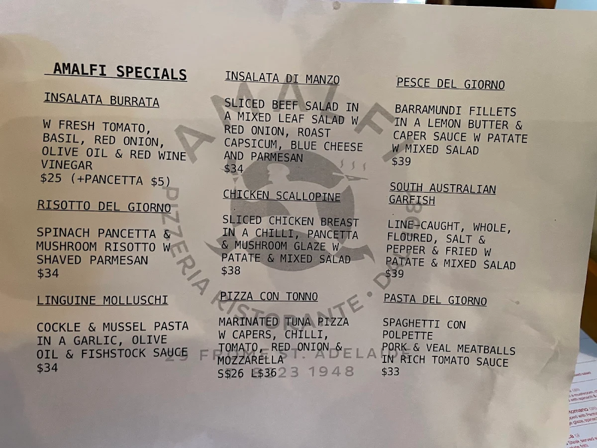 Menu, Amalfi Pizzeria Ristorante