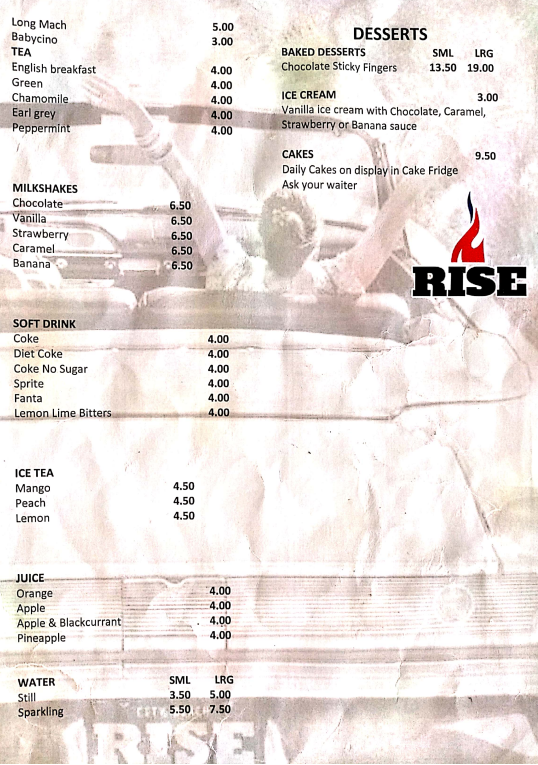 Menu, Rise City Beach