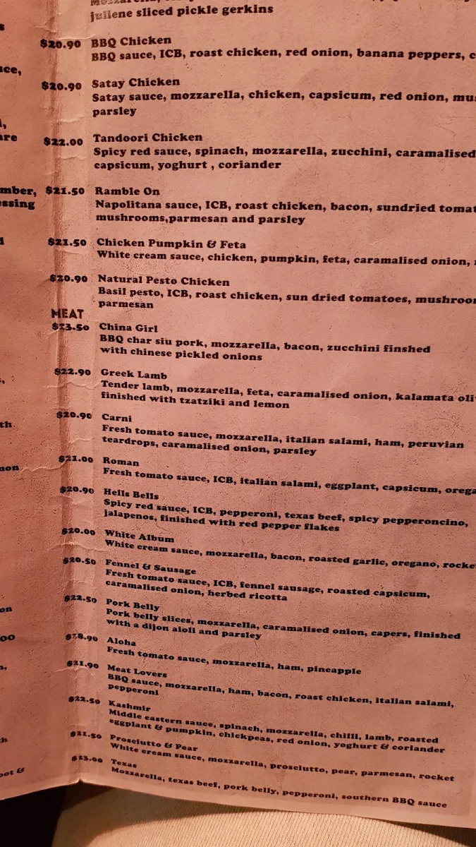 Menu, Rise City Beach