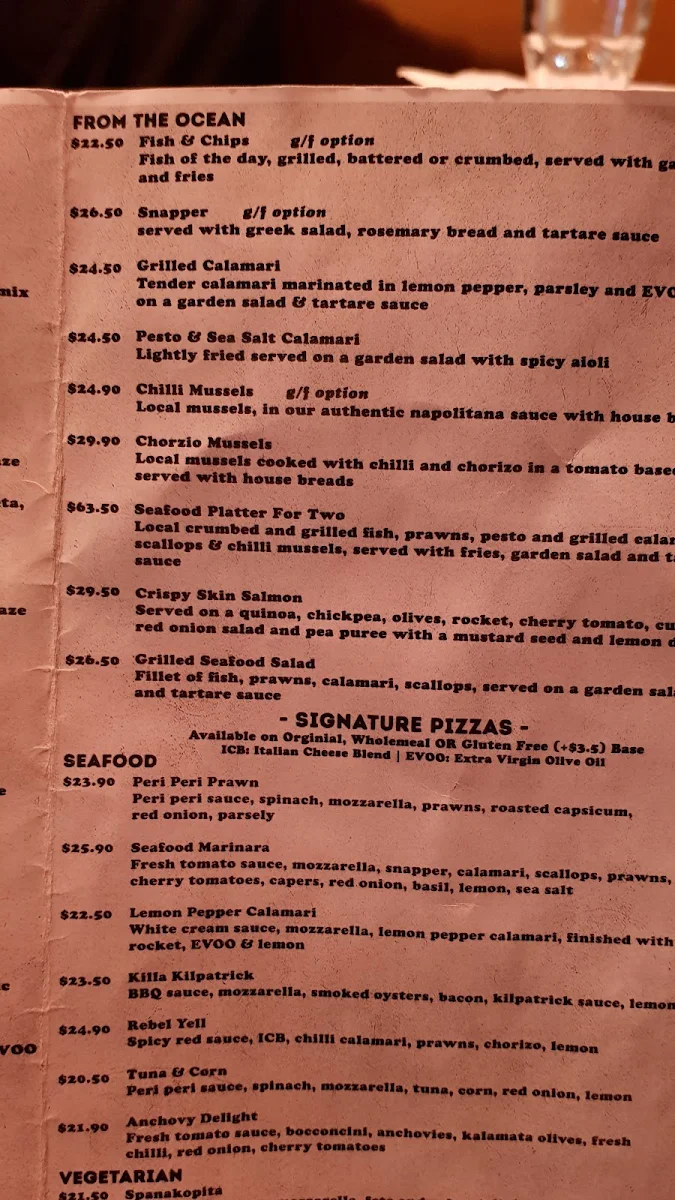 Menu, Rise City Beach