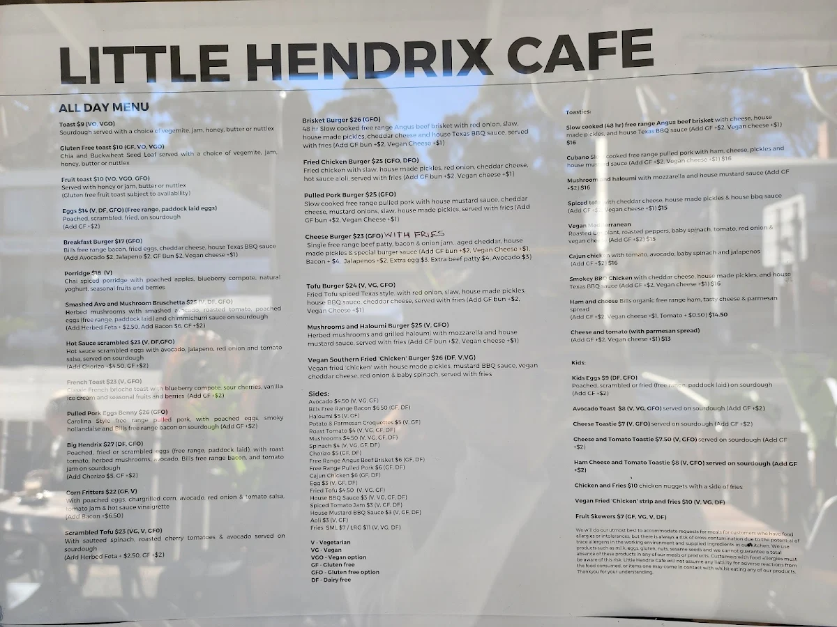 Menu, Little Hendrix Cafe