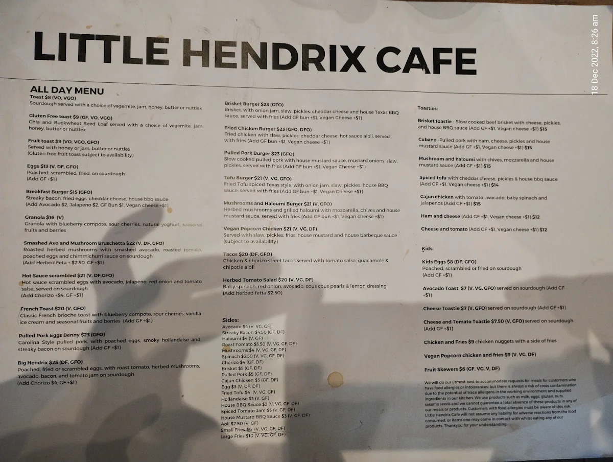 Menu, Little Hendrix Cafe