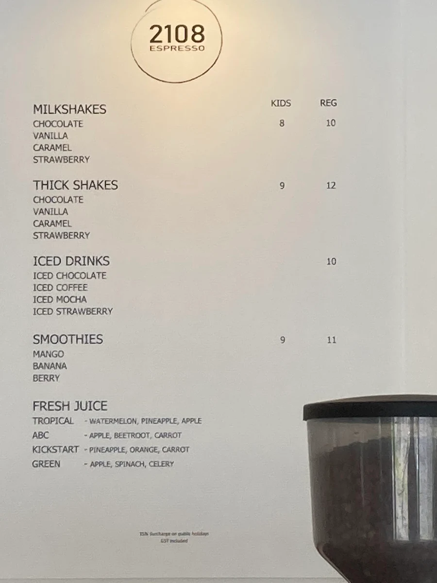 Menu, 2108 Espresso