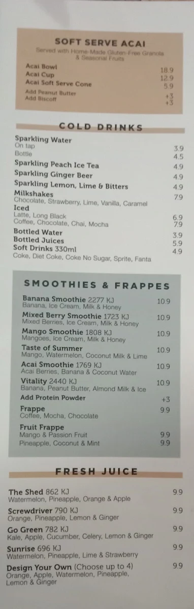 Menu, The Shed Cafe - Tuggerah