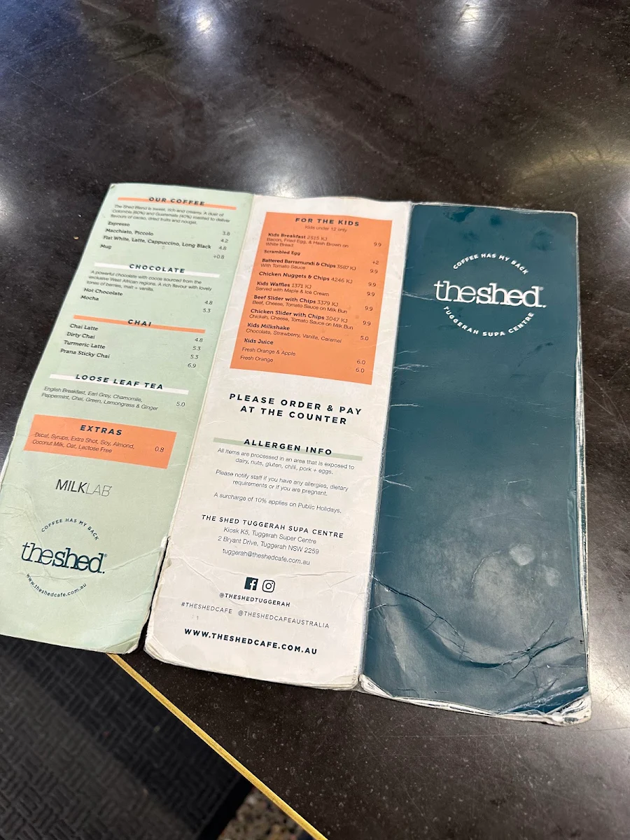 Menu, The Shed Cafe - Tuggerah