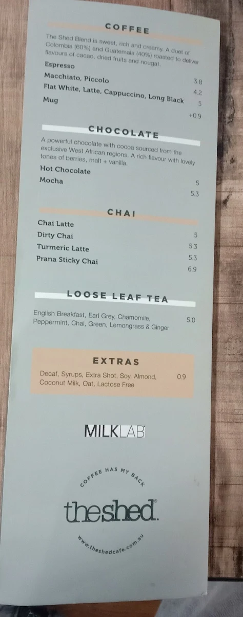 Menu, The Shed Cafe - Tuggerah