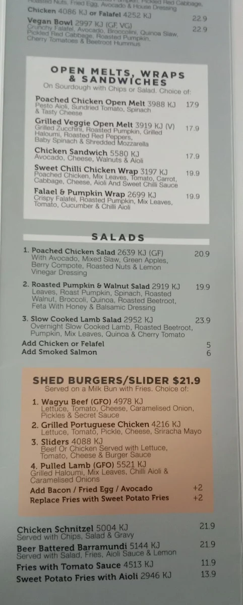 Menu, The Shed Cafe - Tuggerah