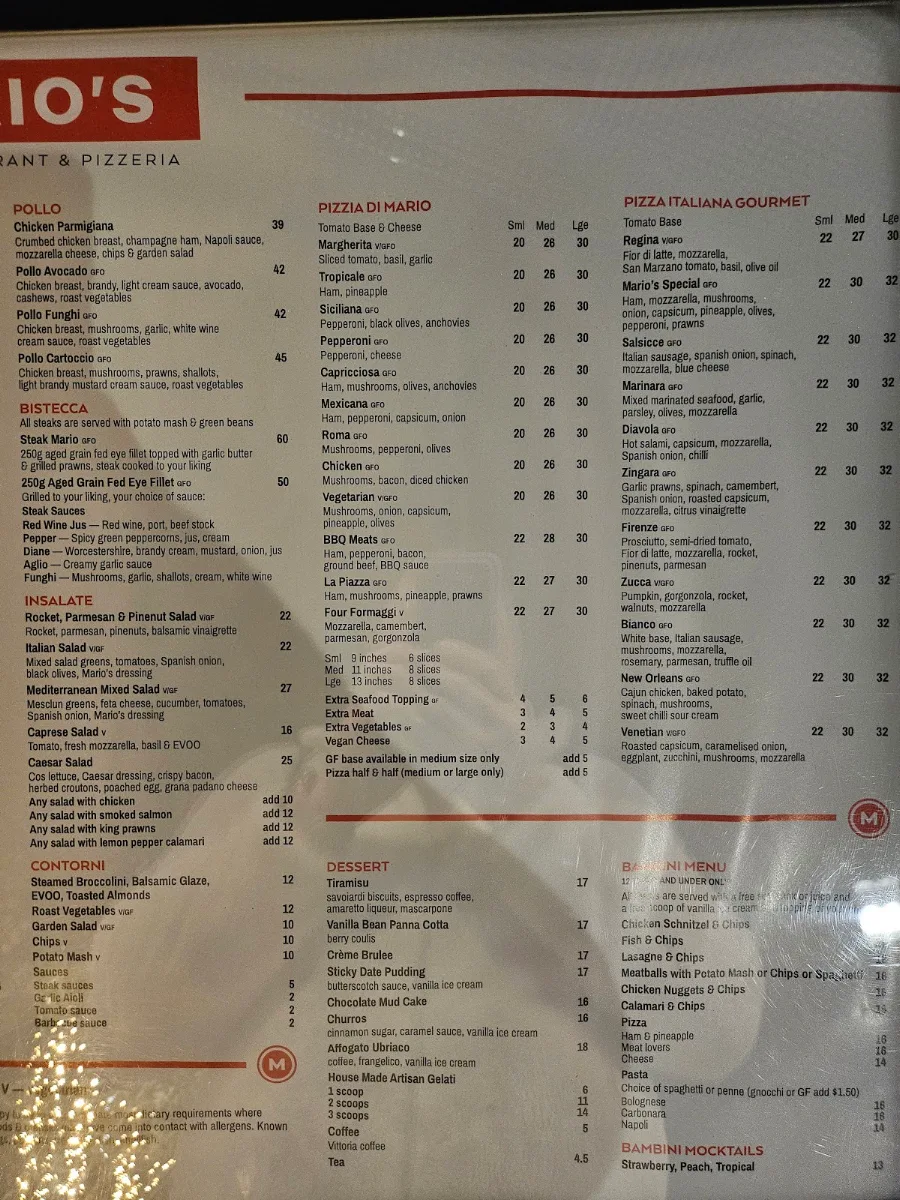 Menu, Marios Italian Restaurant