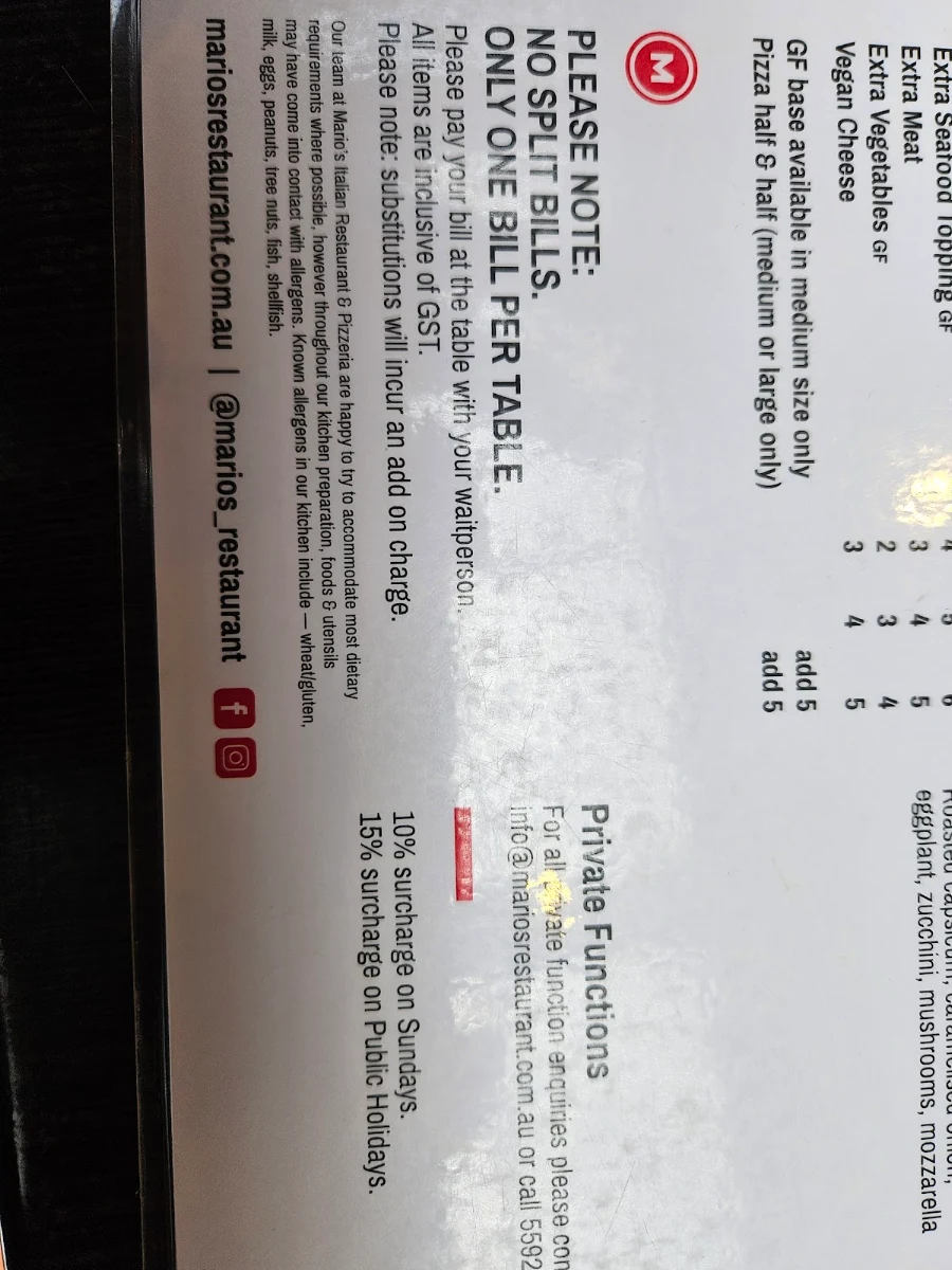 Menu, Marios Italian Restaurant