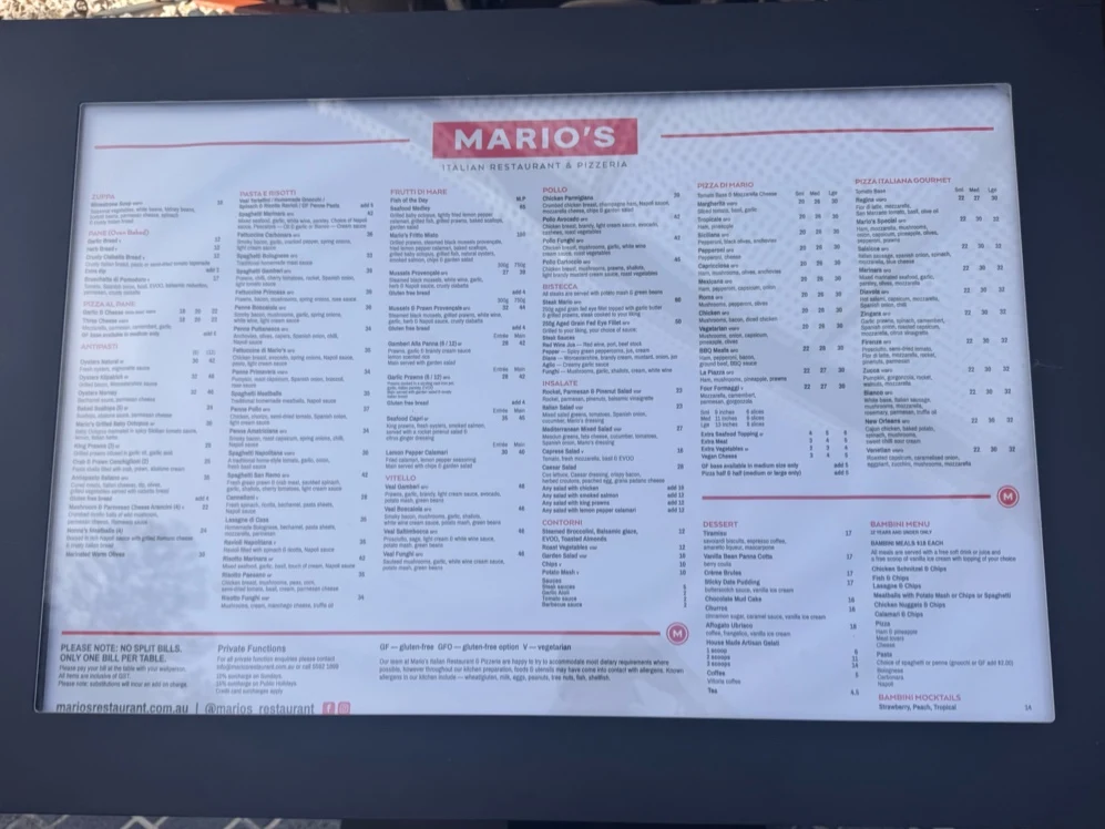 Menu, Marios Italian Restaurant