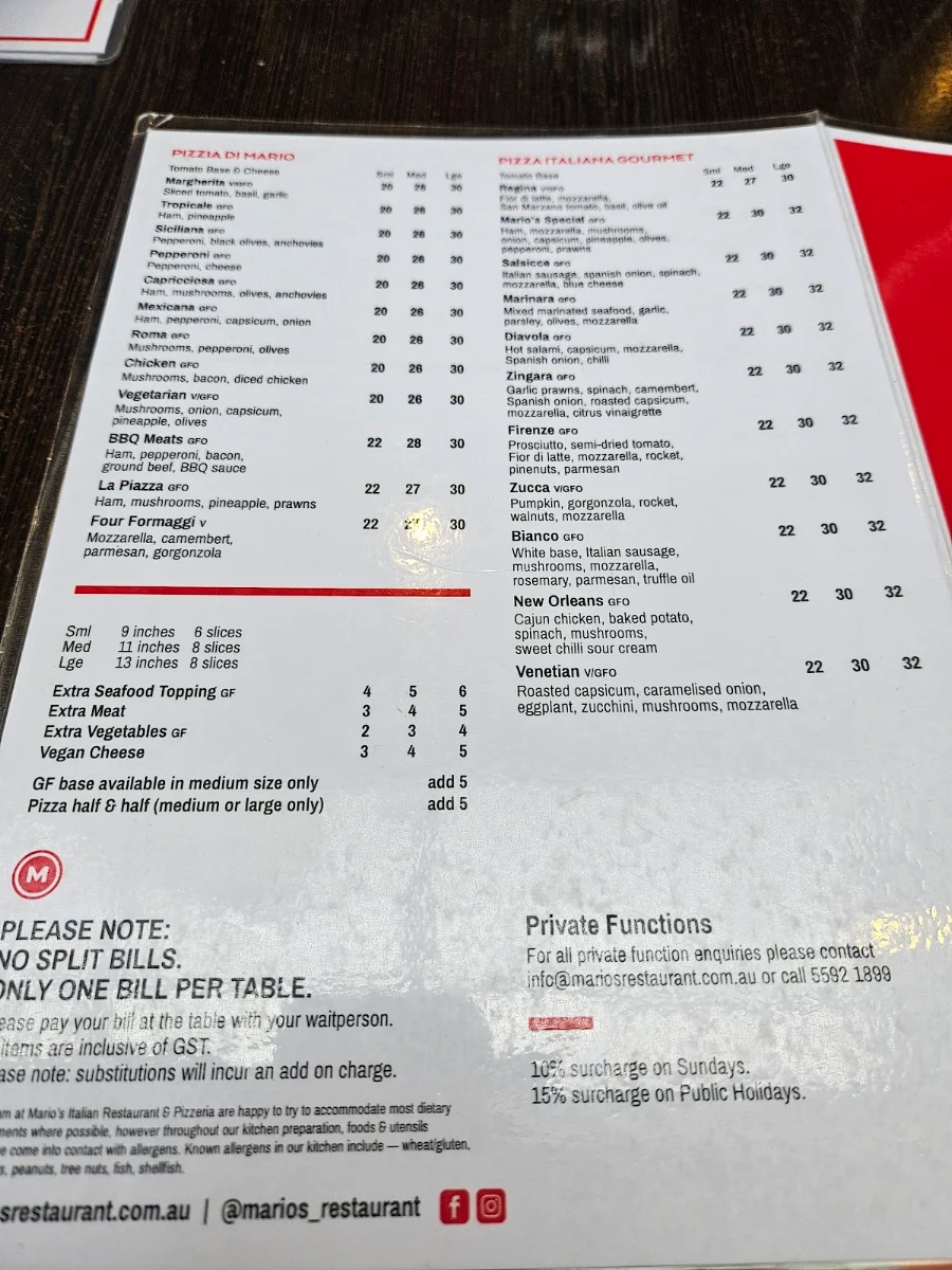 Menu, Marios Italian Restaurant