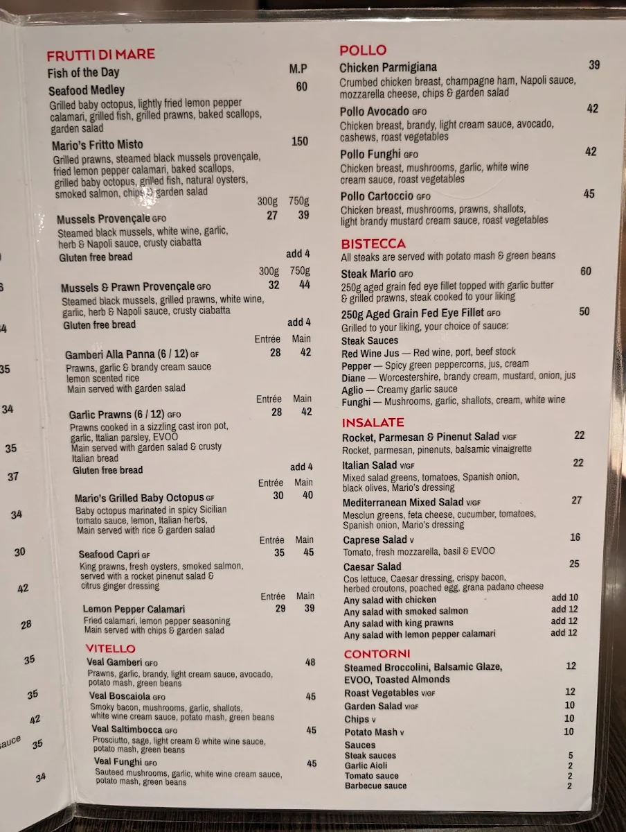 Menu, Marios Italian Restaurant