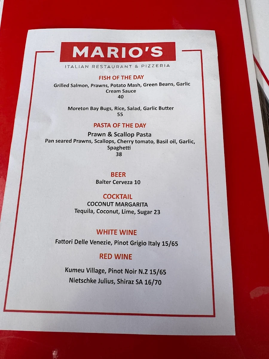 Menu, Marios Italian Restaurant