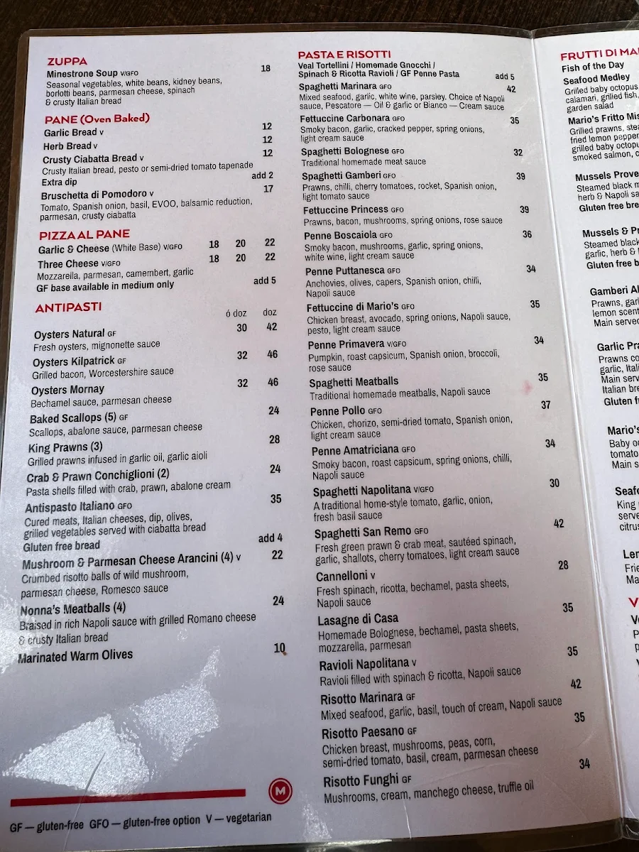 Menu, Marios Italian Restaurant
