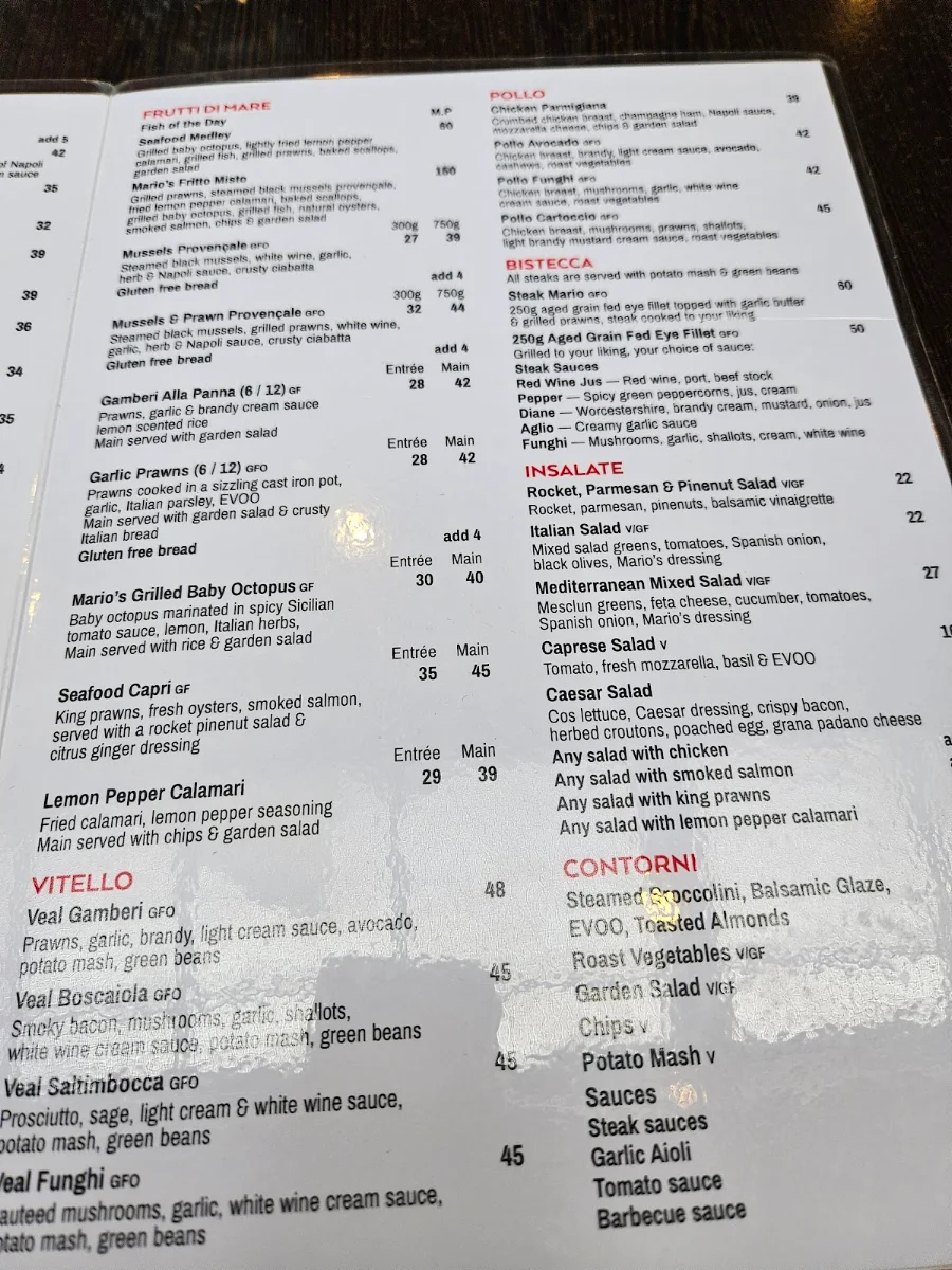 Menu, Marios Italian Restaurant