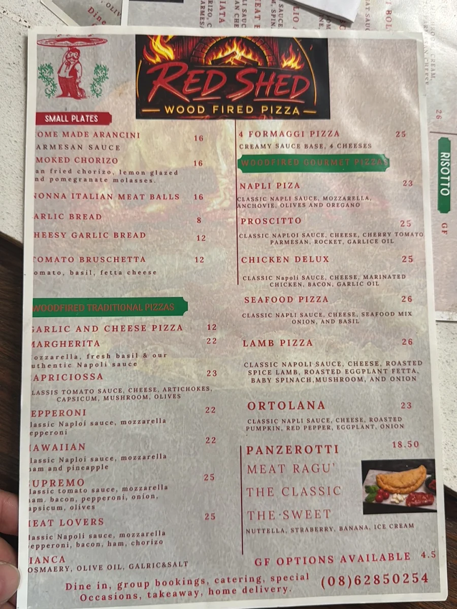 Menu, Red Shed Pizzeria & Catering