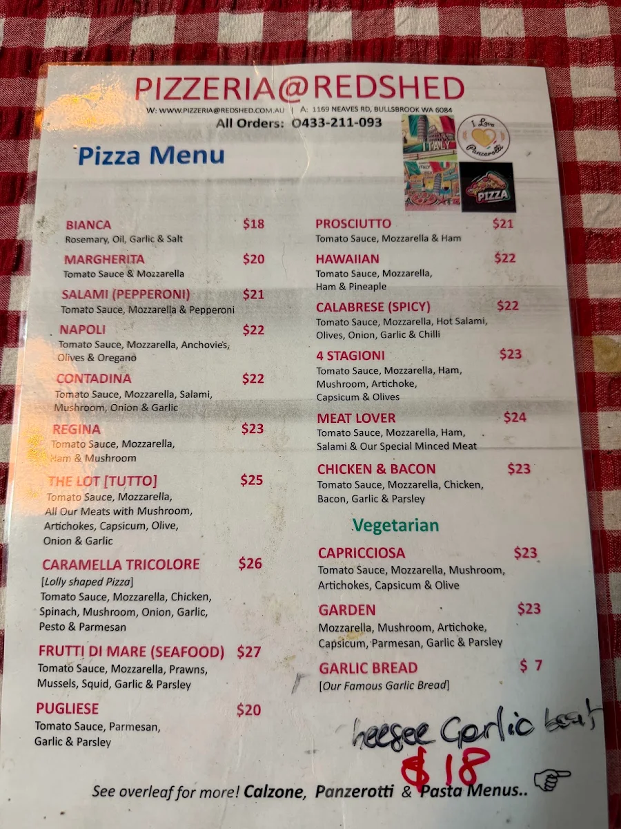Menu, Red Shed Pizzeria & Catering