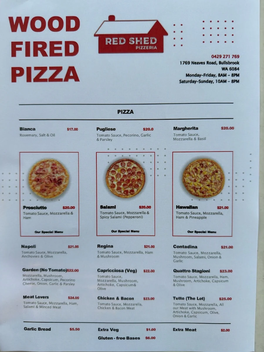Menu, Red Shed Pizzeria & Catering
