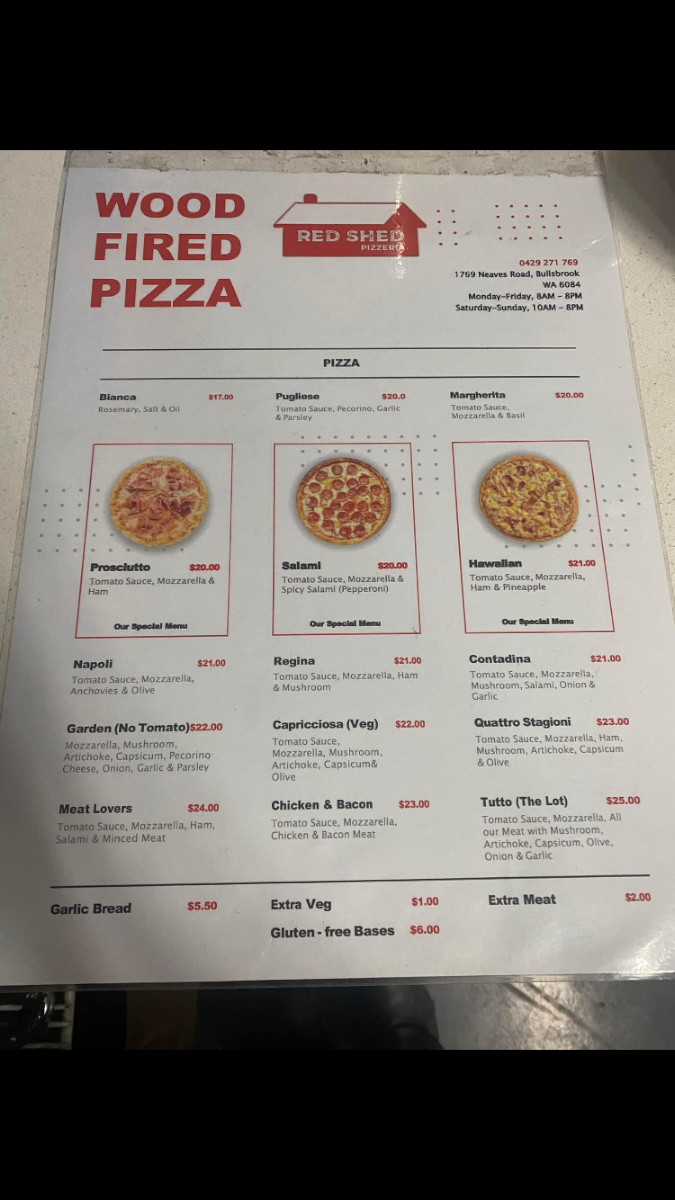 Menu, Red Shed Pizzeria & Catering