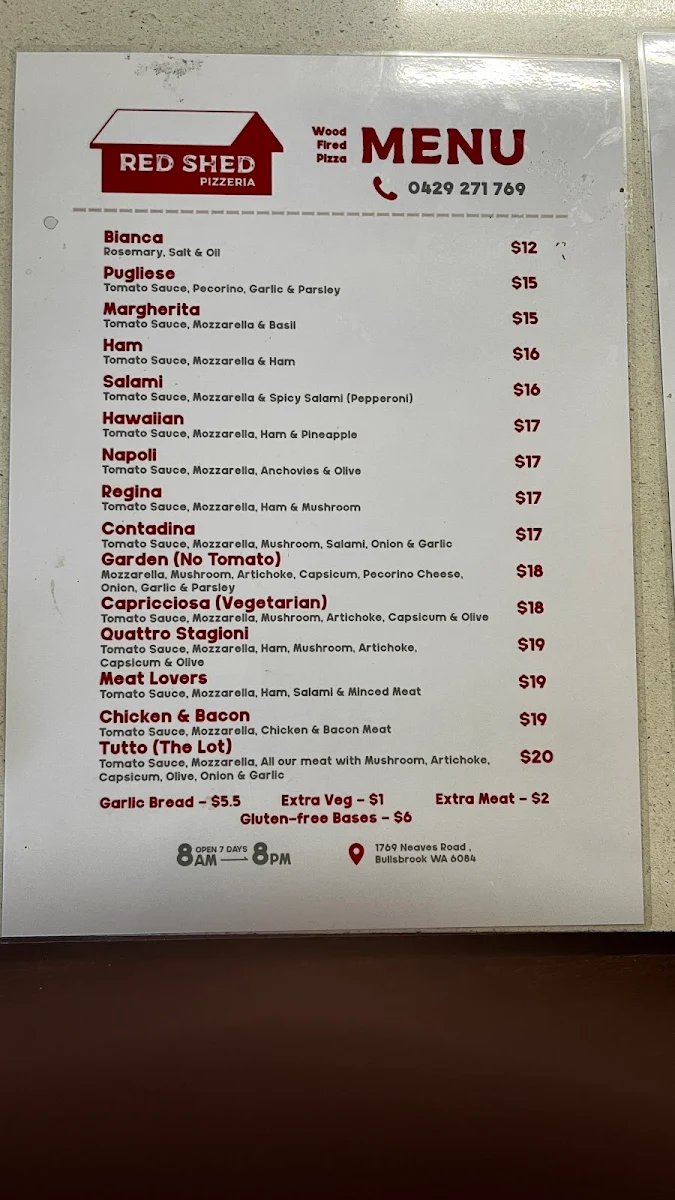 Menu, Red Shed Pizzeria & Catering