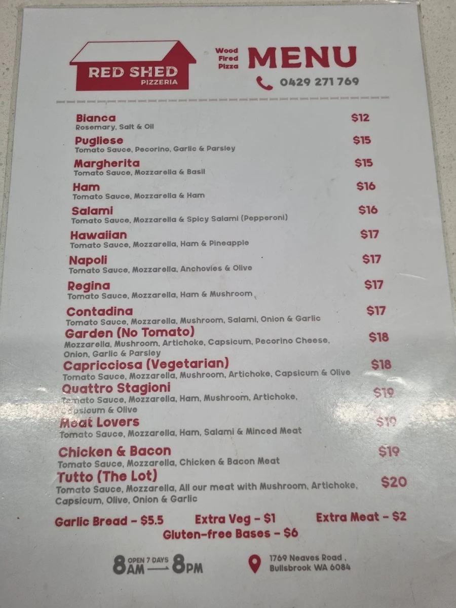 Menu, Red Shed Pizzeria & Catering