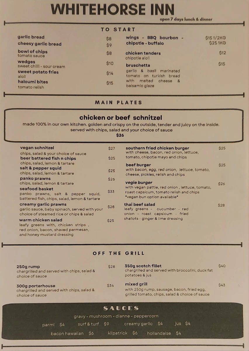 Menu, Whitehorse Inn Hotel