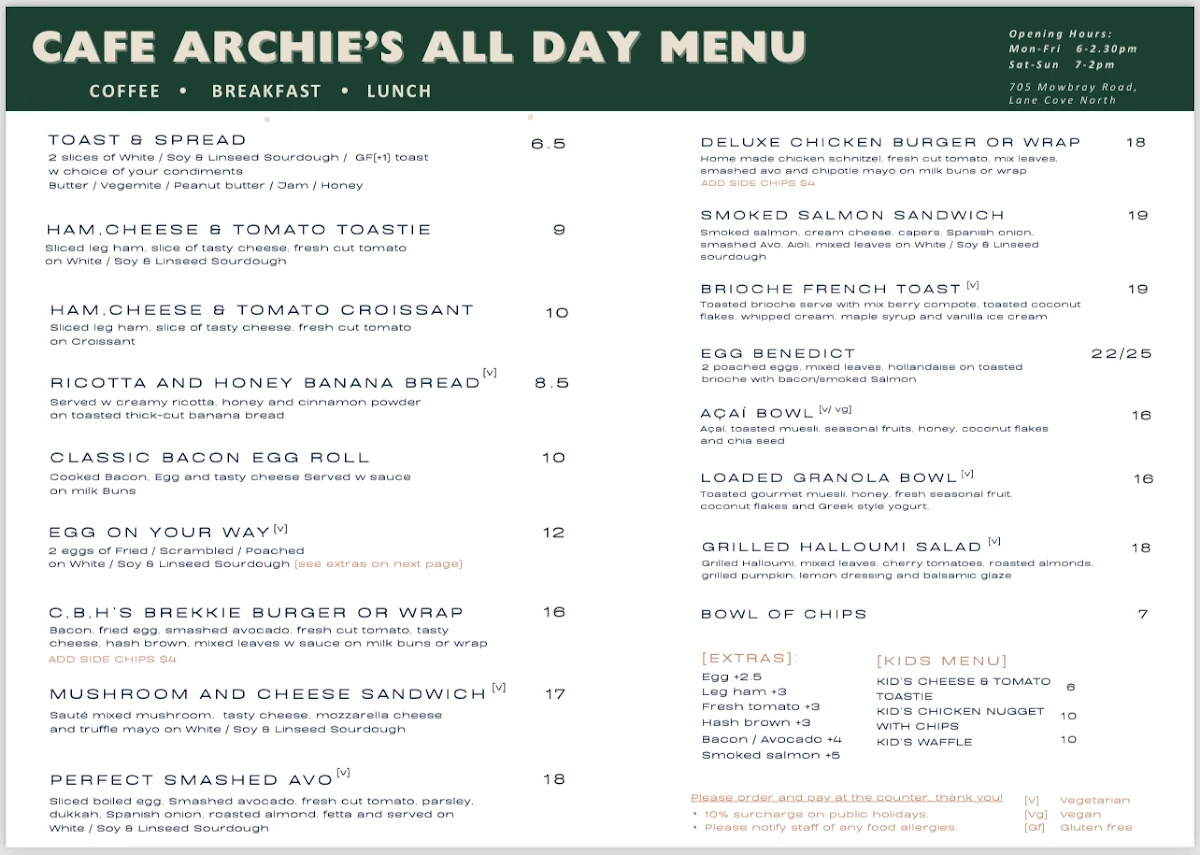 Menu, Cafe Archie’s Lane Cove