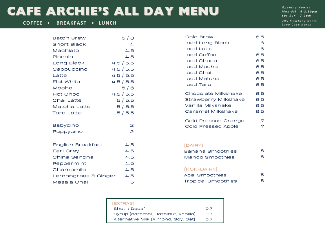 Menu, Cafe Archie’s Lane Cove