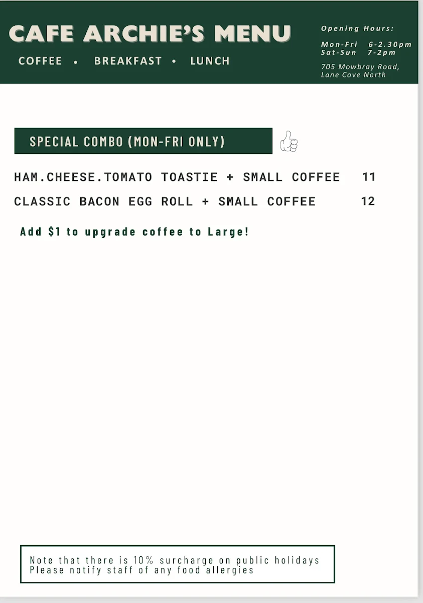Menu, Cafe Archie’s Lane Cove