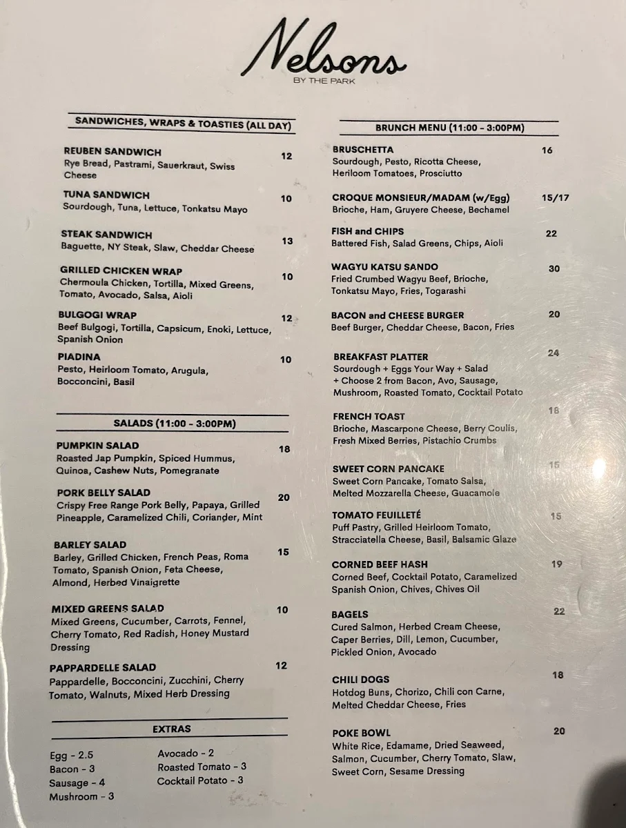 Menu, Nelson’s by the Park Burwood