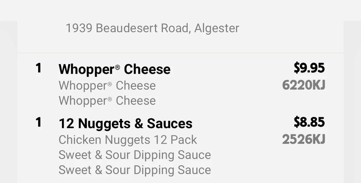 Menu, Hungry Jack's Burgers Algester