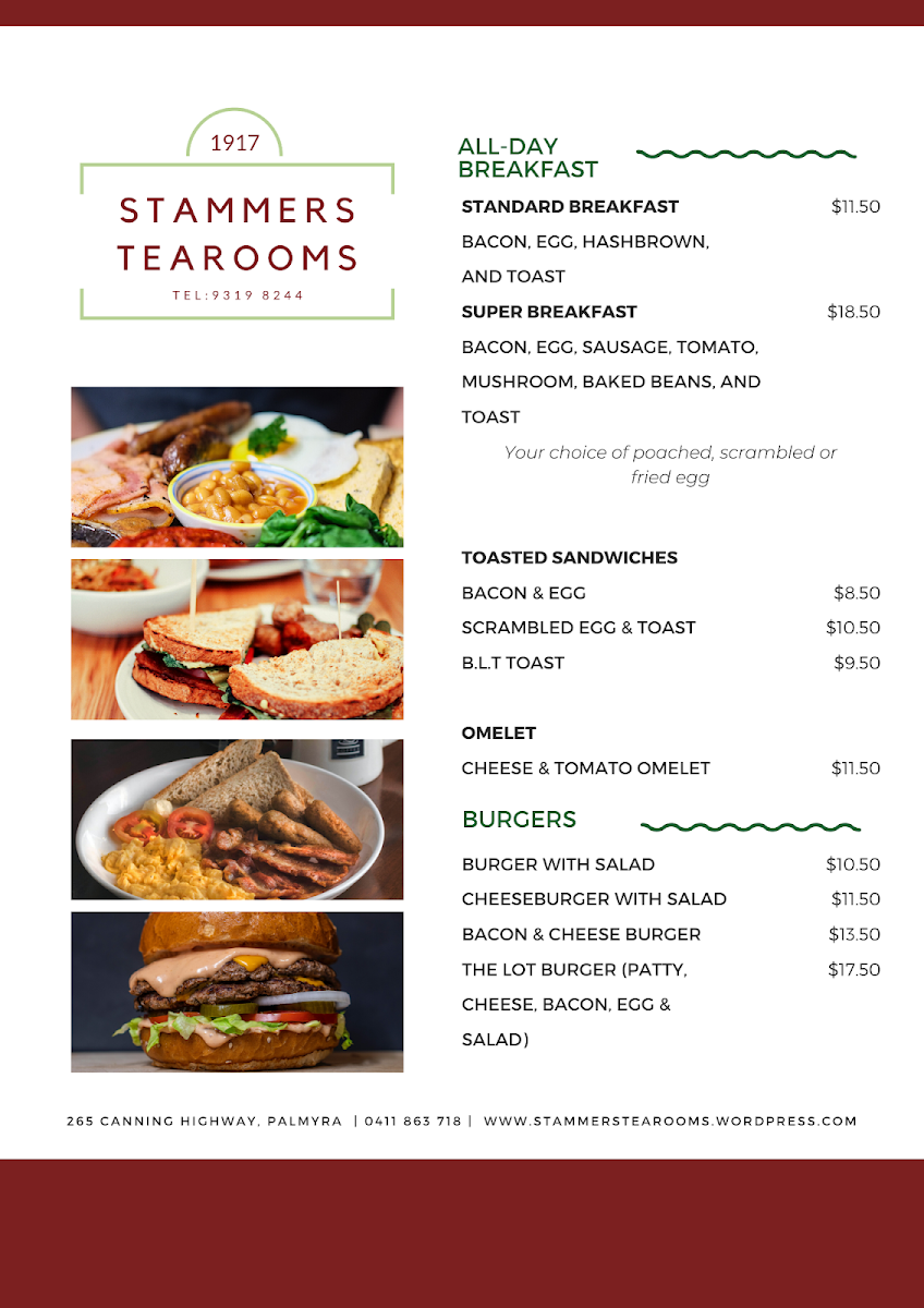 Menu, Stammers Tearooms