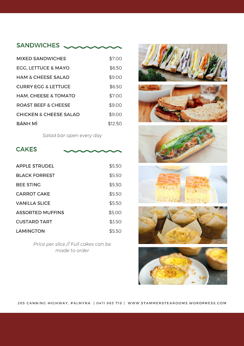 Menu, Stammers Tearooms