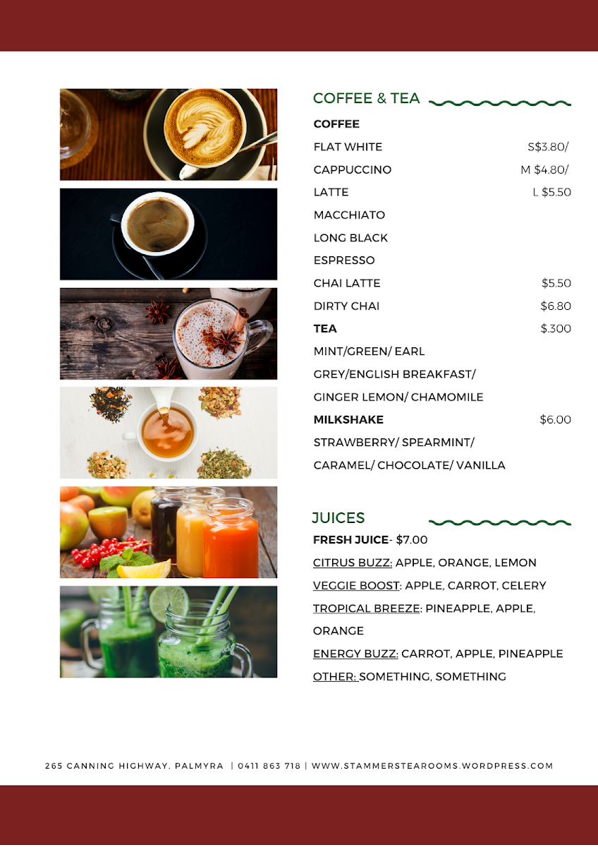 Menu, Stammers Tearooms